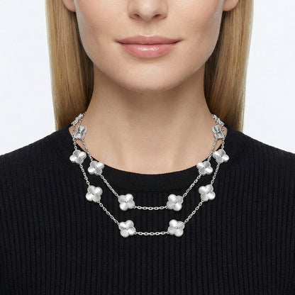 Vintage Alhambra White Agate 20 Motifs Long Necklace