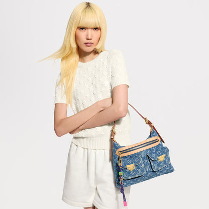 Baggy NM Blue Denim Cowhide-Leather Trim Gold-Toned Hardware