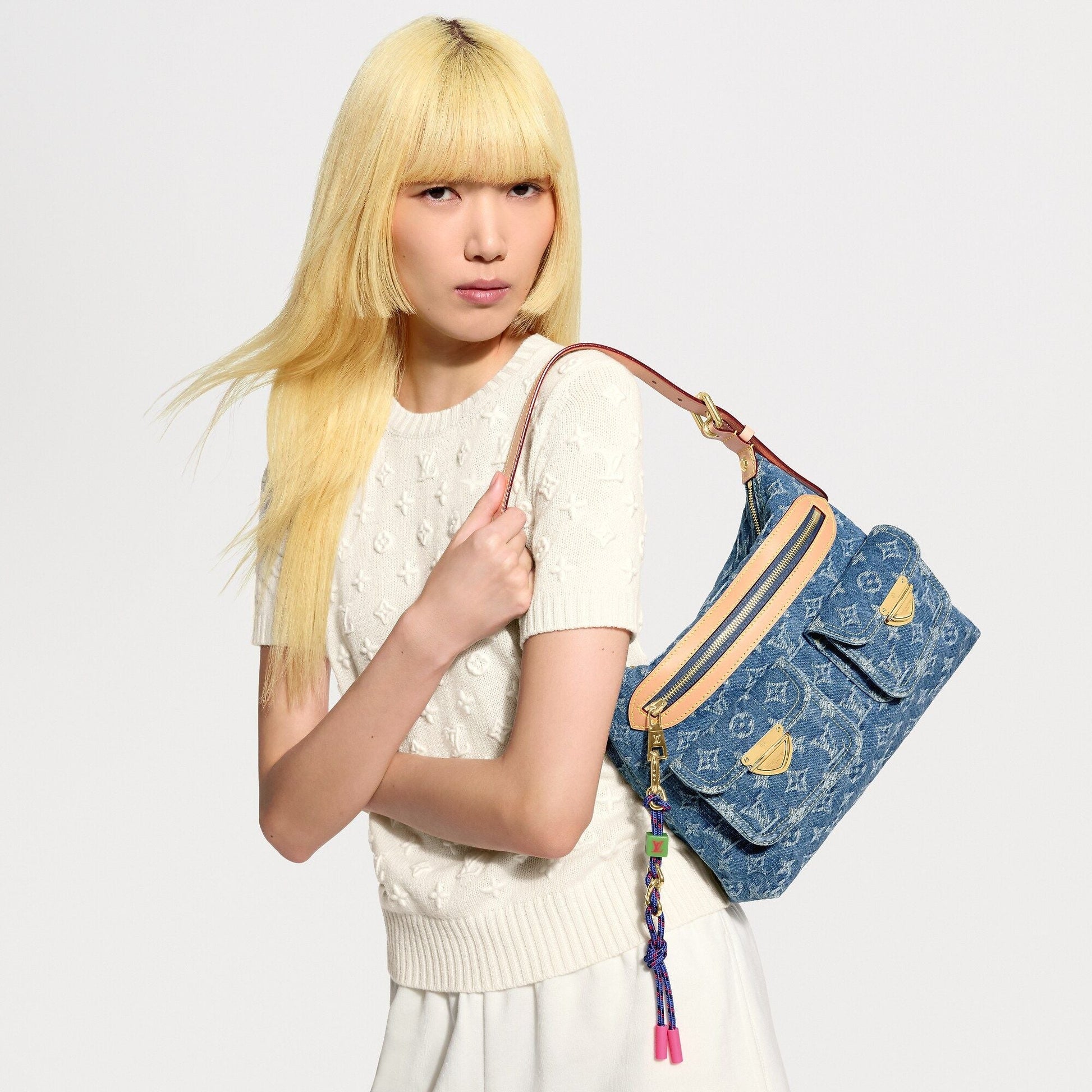 Baggy NM Blue Denim Cowhide-Leather Trim Gold-Toned Hardware
