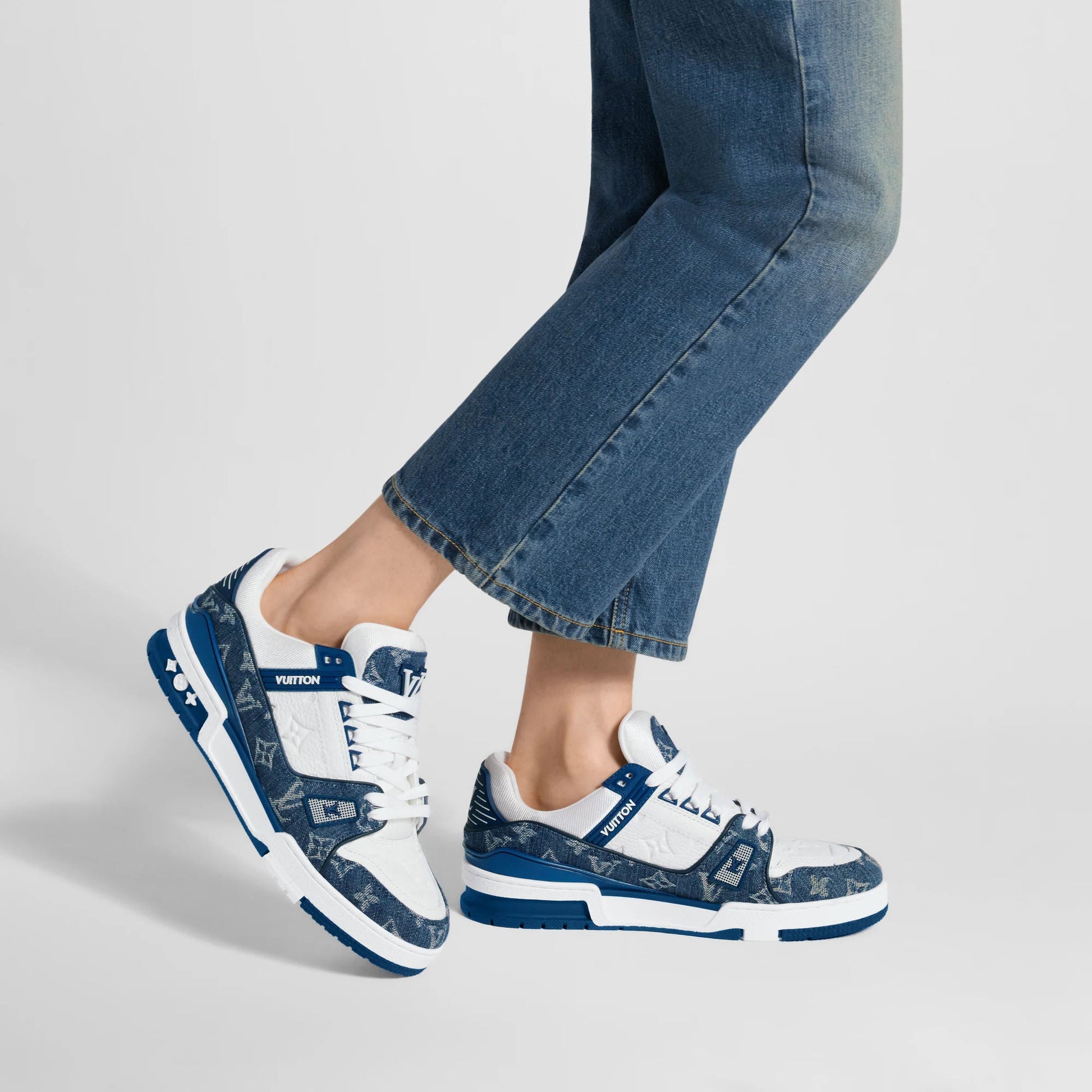 Women's LV Trainer Sneaker Light Blue Calf Leather Monogram Denim 1AC2AG