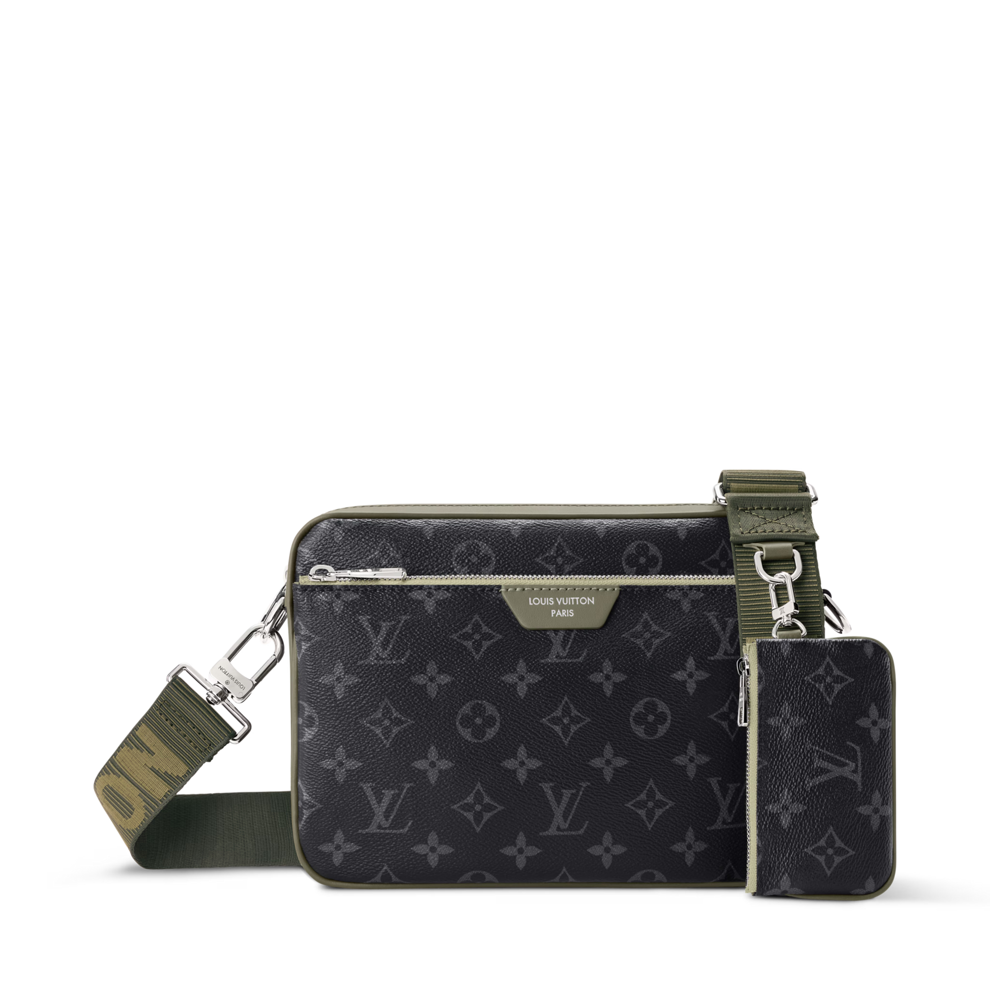 Trio Messenger Monogram Eclipse Canvas Khaki Green Ruthenium-Tone Brass Hardware