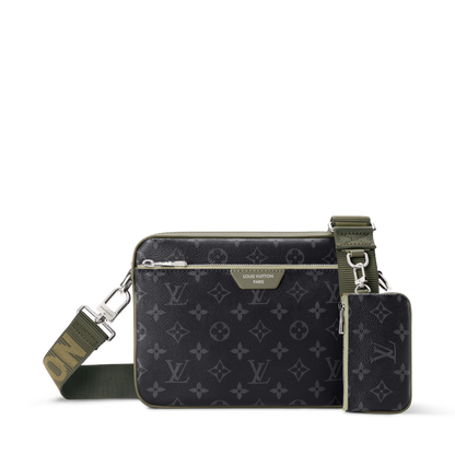 Trio Messenger Monogram Eclipse Canvas Khaki Green Ruthenium-Tone Brass Hardware