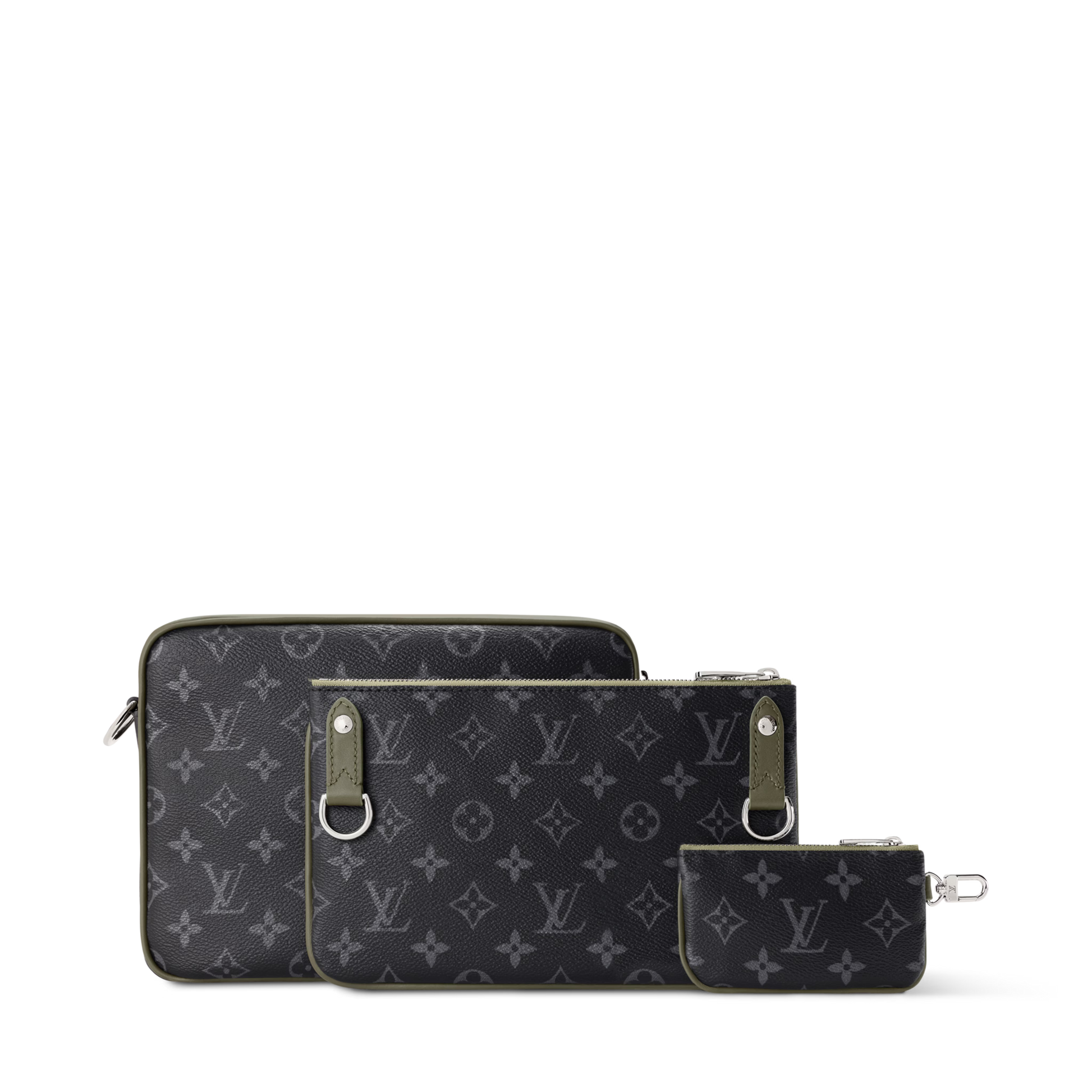 Trio Messenger Monogram Eclipse Canvas Khaki Green Ruthenium-Tone Brass Hardware
