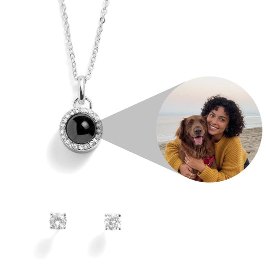 Personalized PavĂ© Circle Photo Necklace and Earring Gift Set