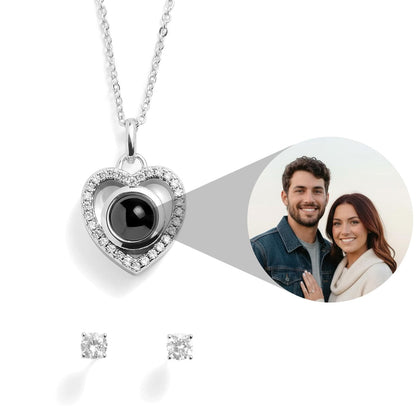 Personalized PavĂ© Heart Photo Necklace and Earring Gift Set