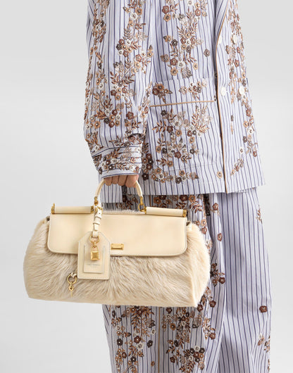 Medium My Sicily Handbag Fur and Plongé Calfskin Beige Vintage Brass Hardware