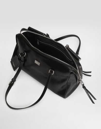Medium Vittoria Handbag Calfskin Leather Black Miami Palladium and Nickel Plating