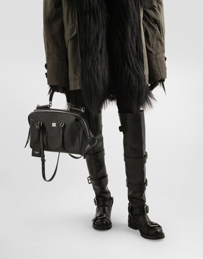 Medium Vittoria Handbag Calfskin Leather Black Miami Palladium and Nickel Plating