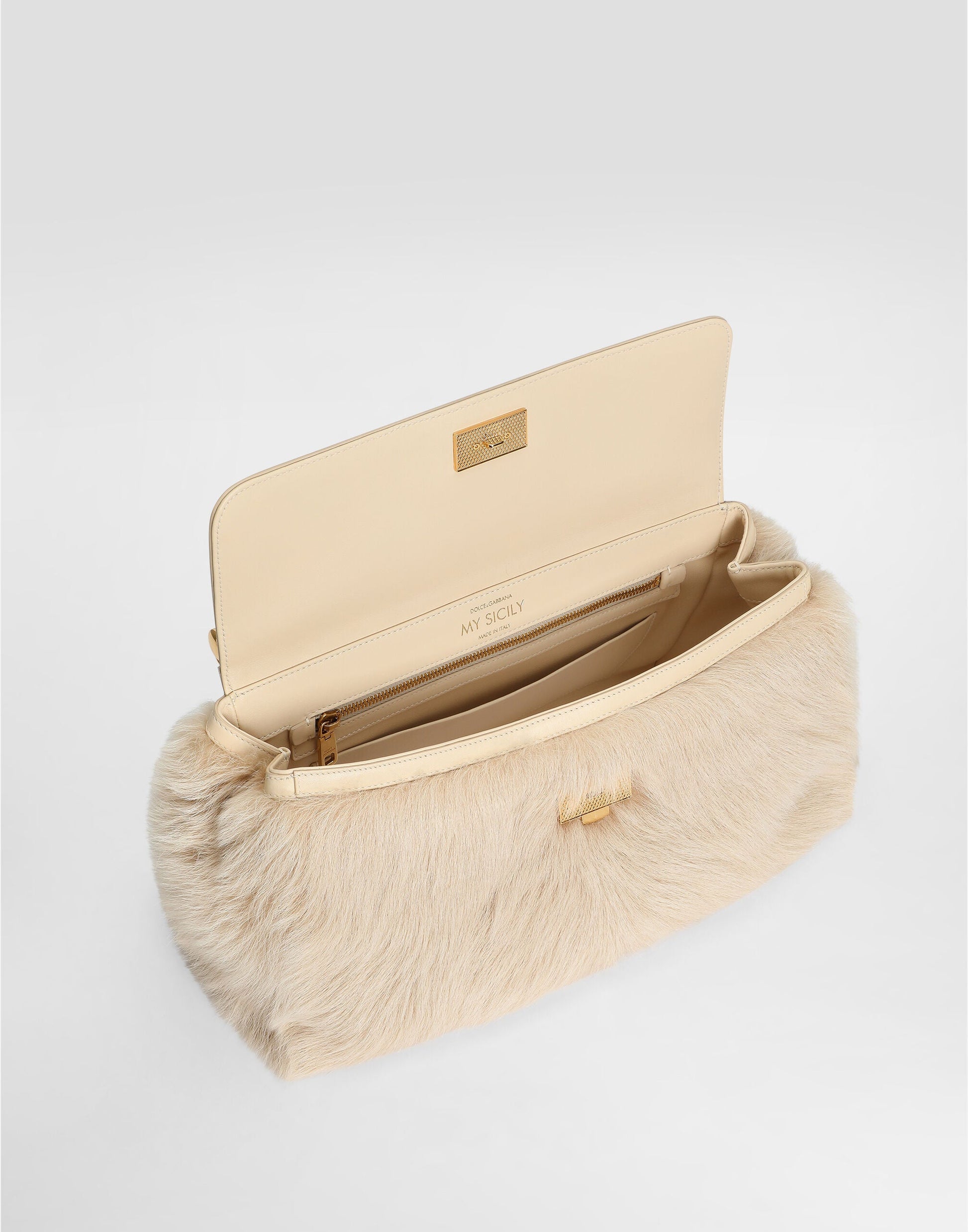 Medium My Sicily Handbag Fur and Plongé Calfskin Beige Vintage Brass Hardware