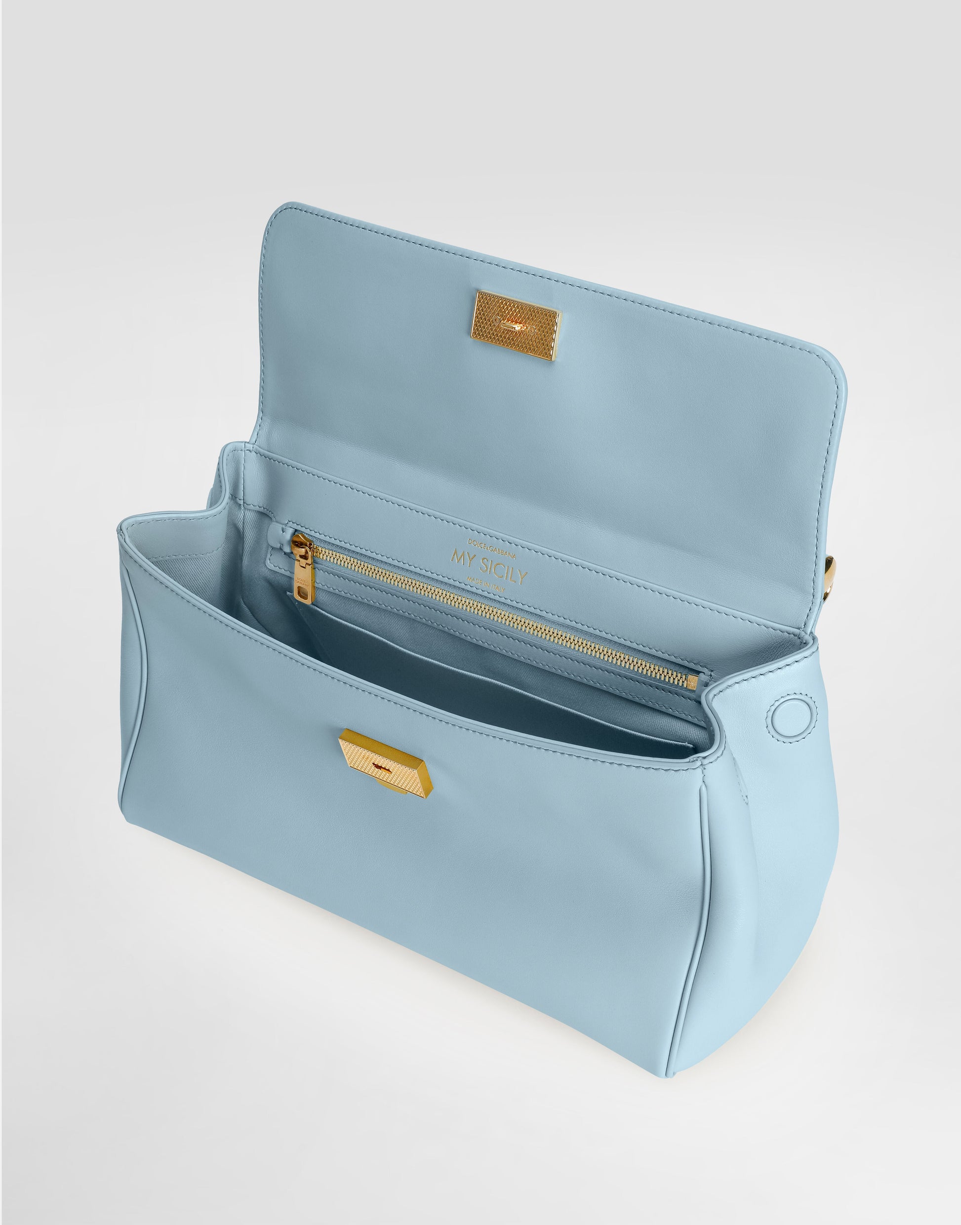 Medium My Sicily Handbag Plongé Calfskin Leather Light Blue Brass-Toned Hardware