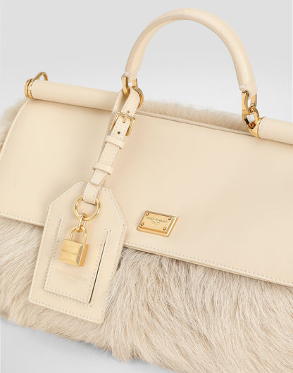 Medium My Sicily Handbag Fur and Plongé Calfskin Beige Vintage Brass Hardware