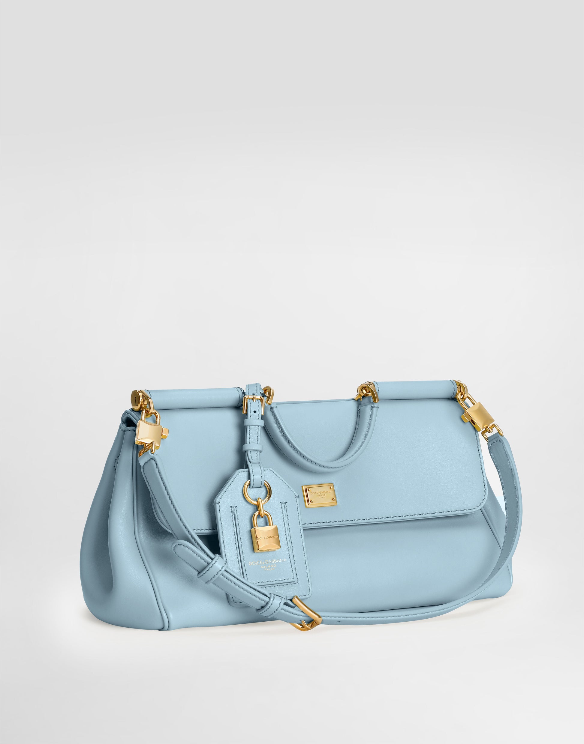 Medium My Sicily Handbag Plongé Calfskin Leather Light Blue Brass-Toned Hardware