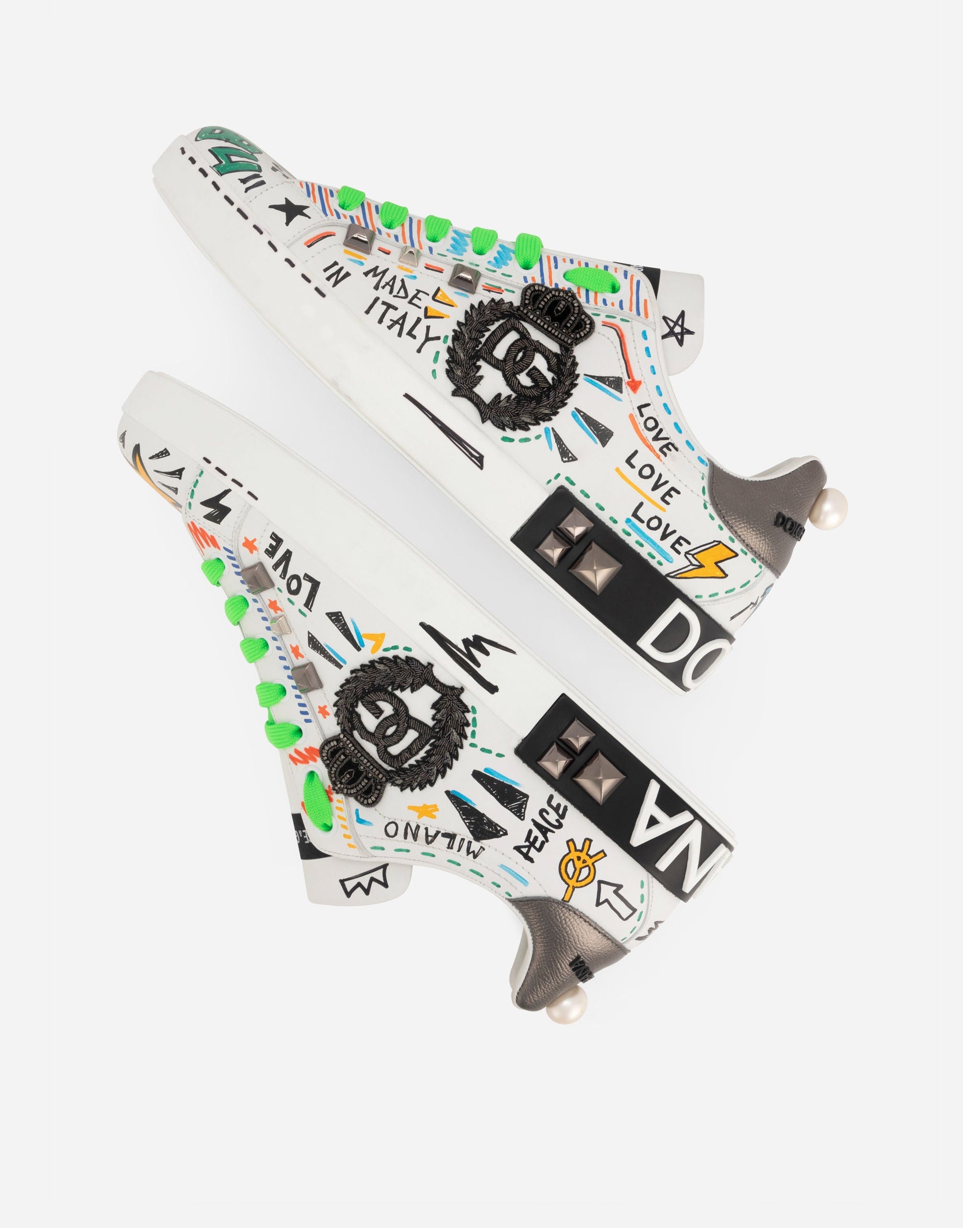 Calfskin Portofino Sneakers With Embroidery and Studs Multicolor